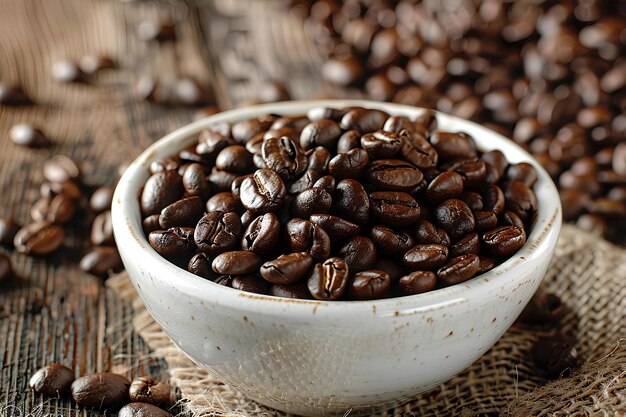 Un tazón blanco lleno de granos de café en la parte superior de una mesa