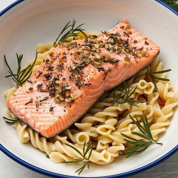un tazón blanco con salmón y hierbas en la parte superior
