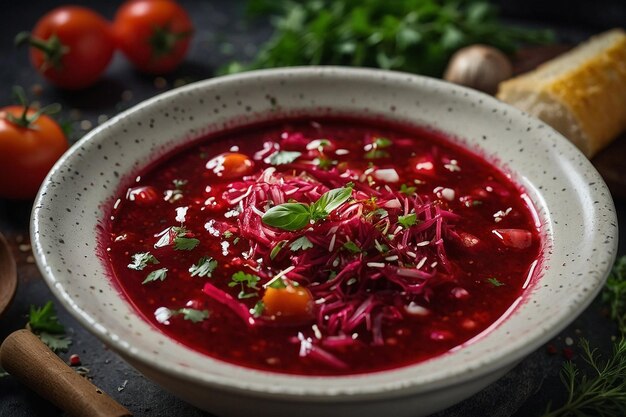 Foto un tazón de borscht con una pizca de pimienta negra