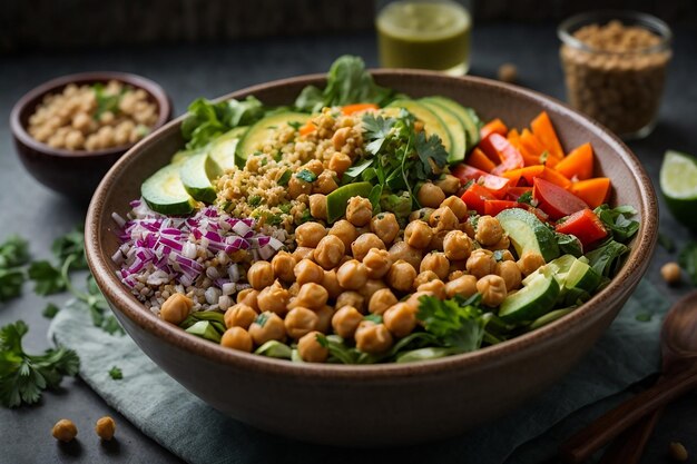 Tazón de Buda vegetariano con ensalada de verduras frescas y garbanzos.