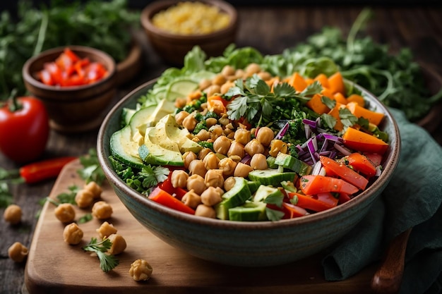 Tazón de Buda vegetariano con ensalada de verduras frescas y garbanzos.