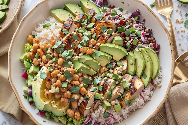 Tazón de Buda vegetariano con ensalada de verduras frescas y garbanzos.