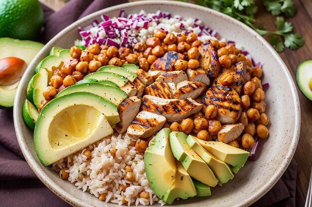 Tazón de Buda vegetariano con ensalada de verduras frescas y garbanzos.