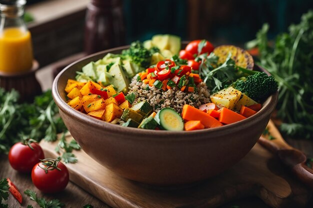 tazón de buda vegetariano verduras crudas y papas al horno en un tazón comida vegana comida saludable y desintoxicante