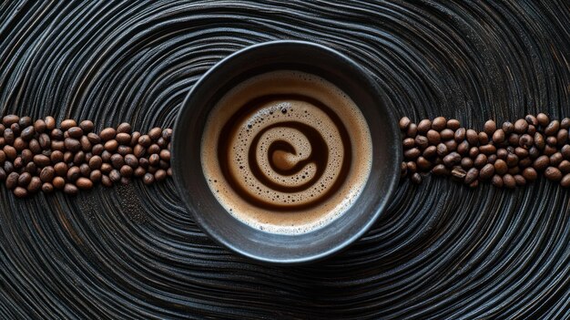 Un tazón de café se encuentra encima de una superficie texturizada con granos de café dispuestos a su alrededor