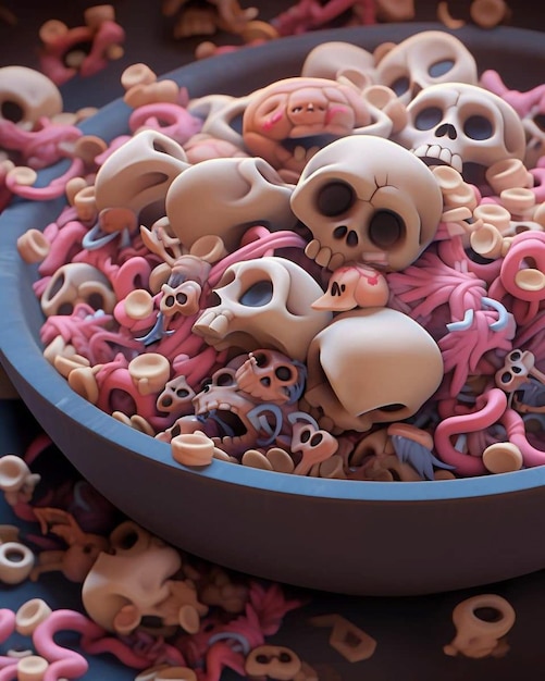 Un tazón de calaveras con calaveras rosadas y moradas.