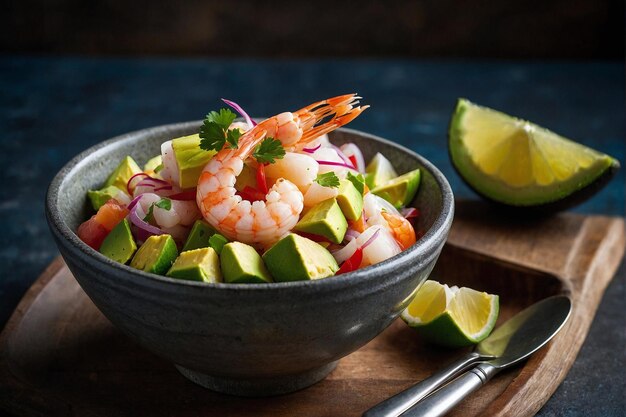 Foto un tazón de camarón, aguacate y ensalada de cilantro