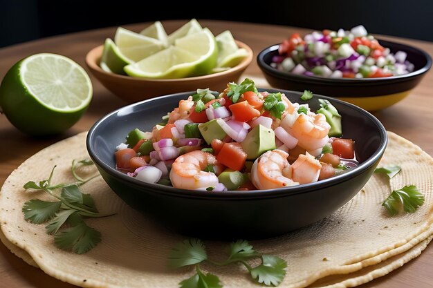 Foto un tazón de camarones con un tazó de verduras y aguacate