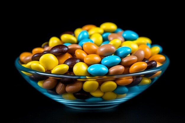 un tazón de caramelos coloridos, incluidos caramelos de chocolate y un tazó de vidrio de caramelo