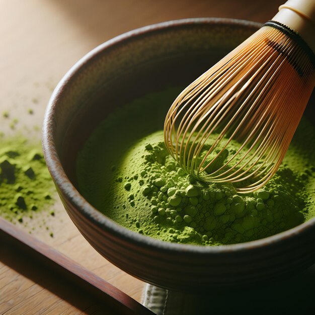 Un tazón de cerámica lleno de polvo de té matcha verde