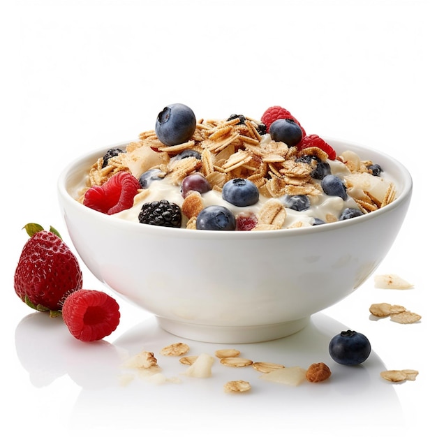 Un tazón de cereal con arándanos y fresas está sobre una mesa blanca.