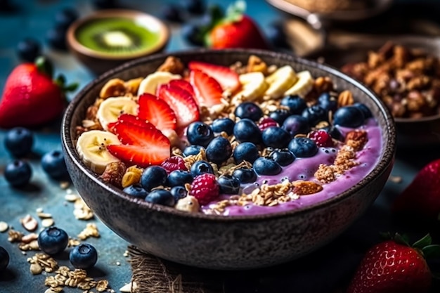 Un tazón de cereal con bayas y granola encima