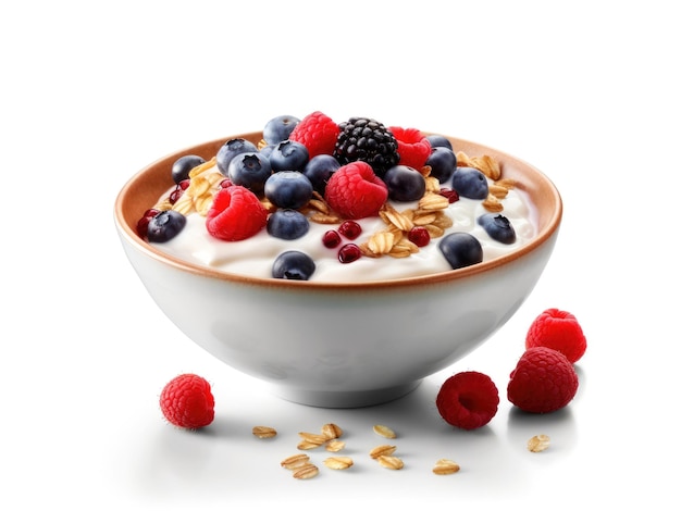Tazón de cereal con bayas y yogur sobre un fondo blanco.