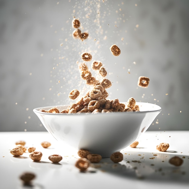 Un tazón de cereal se espolvorea con copos.