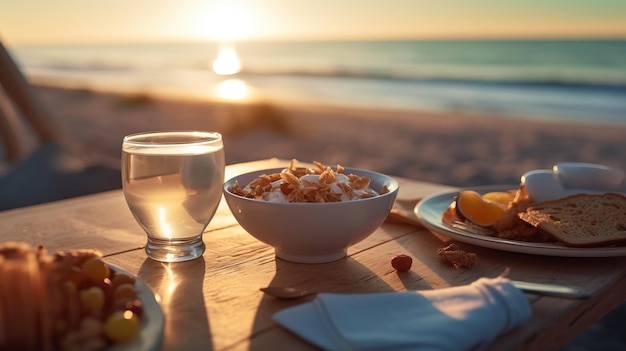 Foto un tazón de cereal y un vaso de agua sobre una mesa arte generativo con ia