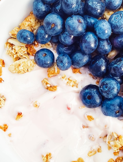 Tazón de cereal de yogur de arándanos como desayuno saludable y comida de la mañana comida dulce y bayas orgánicas frui