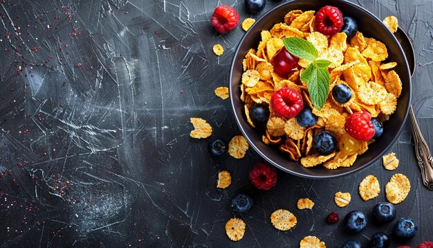 un tazón de cereales con bayas y arándanos sobre un fondo negro