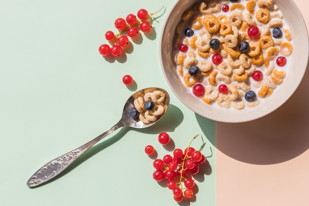 Foto tazón de cereales integrales con arándanos aislados sobre fondo pastel