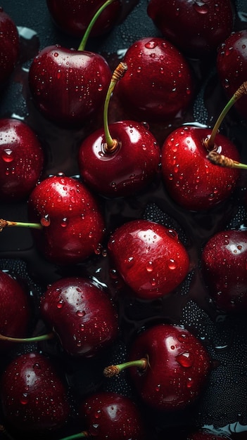 Un tazón de cerezas con gotas de agua sobre ellas