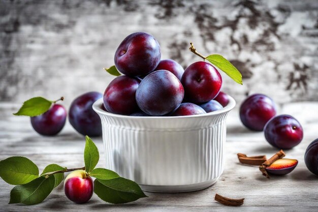 Foto un tazón de cerezas con hojas y una rama con hojas en él