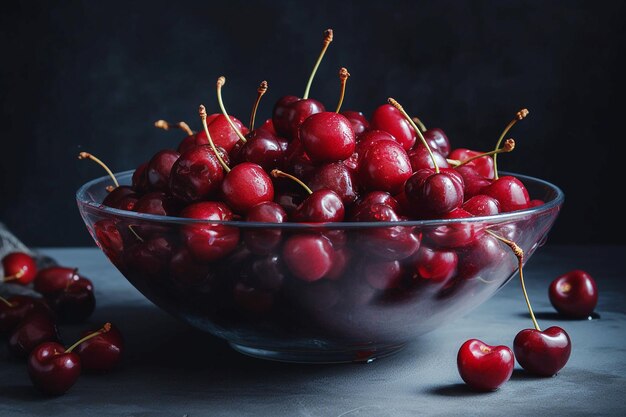 Un tazón de cerezas en una mesa