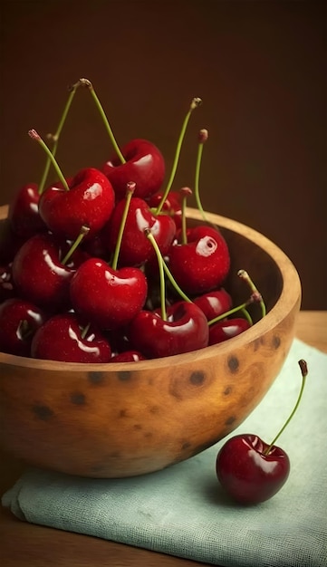 Un tazón de cerezas con la palabra cereza al costado