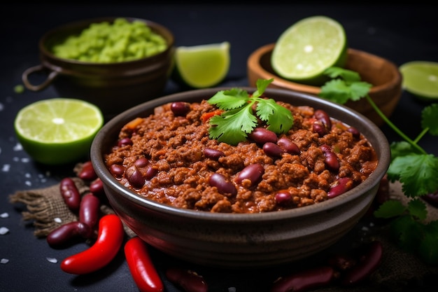 Un tazón de chile con carne con los ingredientes