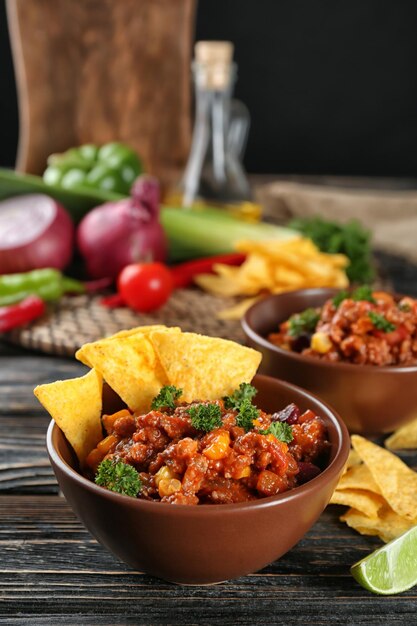 Foto un tazón con chile con carne y nachos en la mesa