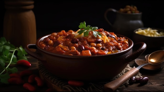 Un tazón de chili con una botella de cerveza detrás