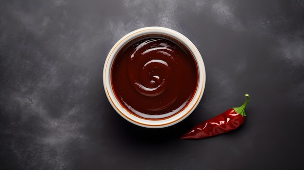 Un tazón de chocolate caliente junto a un chile rojo.