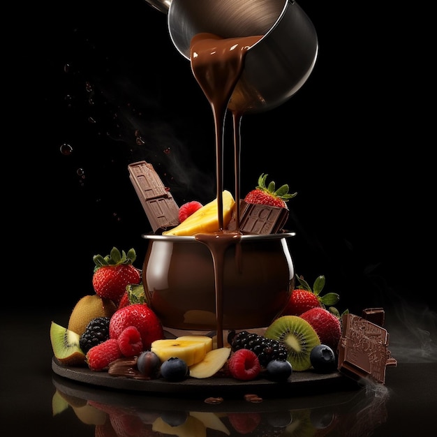 Un tazón de chocolate está en un plato con fruta y un fondo negro.