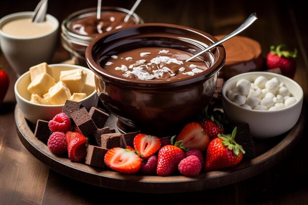 Un tazón de chocolate y fresas con un tazón de chocolate.
