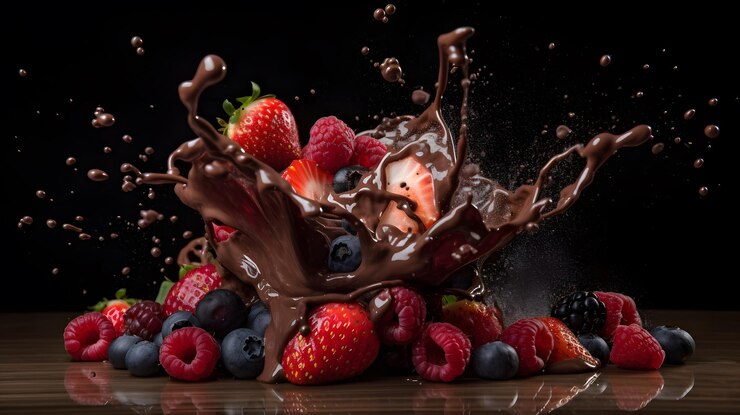 Un tazón de chocolate y fresas con un toque de chocolate.