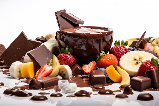 Un tazón de chocolate y fruta con la palabra chocolate