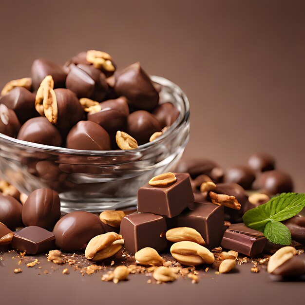 Foto un tazón de chocolates con una hoja verde en él