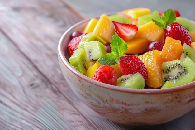 Un tazón de colorida ensalada de frutas con kiwi naranja y rebanadas de fresa un tazón refrescante de ensalada de fruta con una mezcla de frutas de temporada