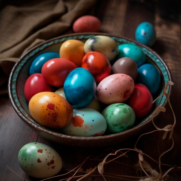 Un tazón de coloridos huevos de pascua está sobre una mesa generado por IA