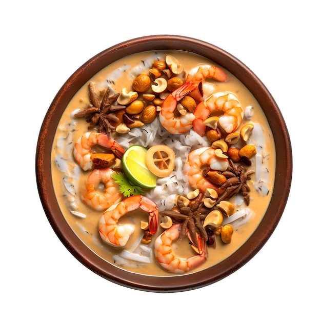 Un tazón de comida con gambas y nueces.