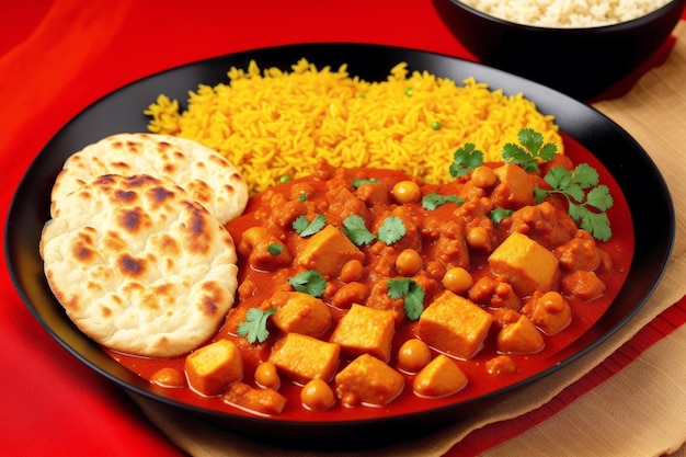 Un tazón de comida con una guarnición de pan naan y un panqueque.