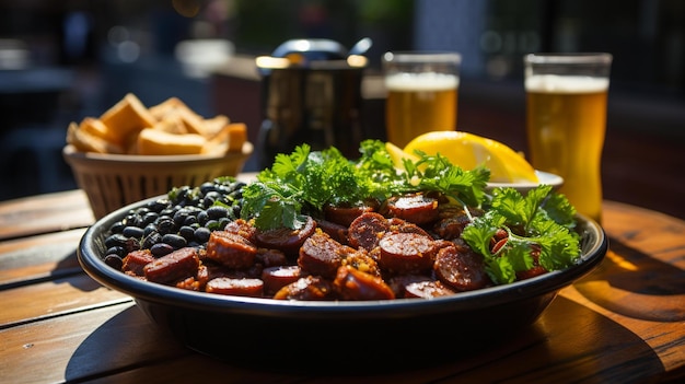 Un tazón de comida con limones y una rodaja de limón.