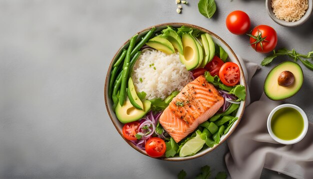 Foto un tazón de comida con un tazó de arroz y verduras