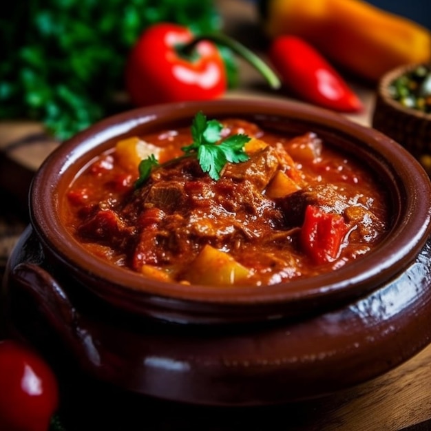 Un tazón de comida con un tazón de chile y pimientos.