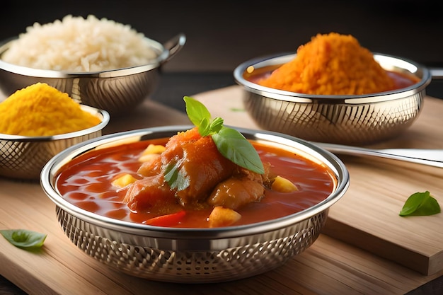 Un tazón de comida con unos tazones de arroz y algunos otros platos sobre la mesa.