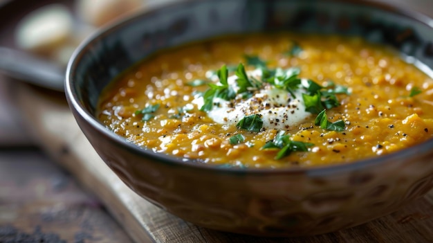 Foto un tazón de consuelo de sopa de lentejas adornado con una pizca de yogur cremoso y una salpicadura de frutas de comino perfumadas