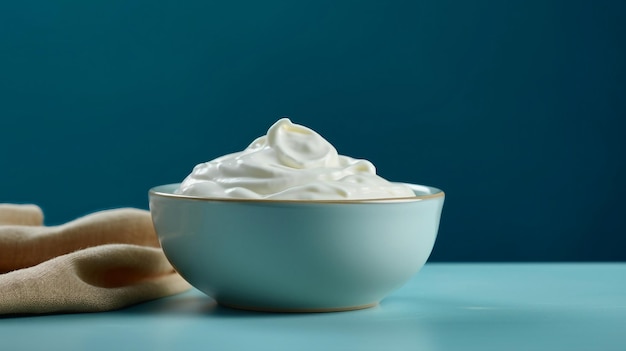 Un tazón de crema agria se sienta sobre una mesa azul.