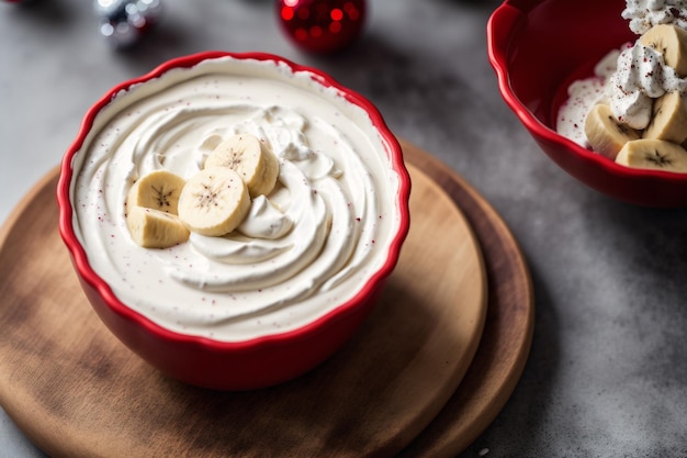 Un tazón de crema de plátano con un tazón de azúcar.