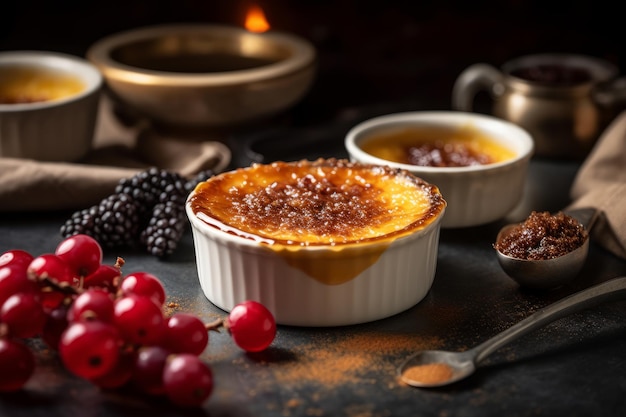 Un tazón de creme brulée francés con bayas sobre una mesa.