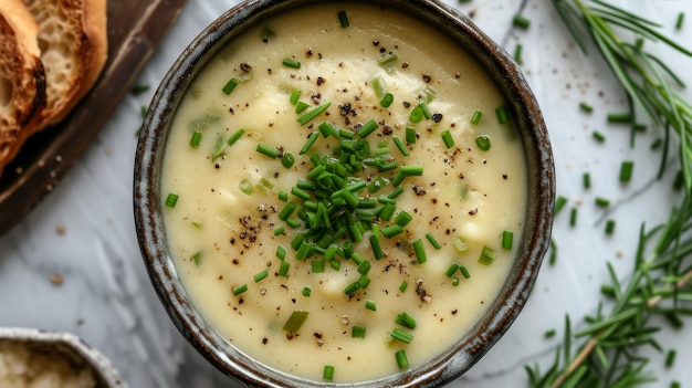 Un tazón de cremosa sopa de puré de patata de textura sedosa y adornada con cebolla fresca