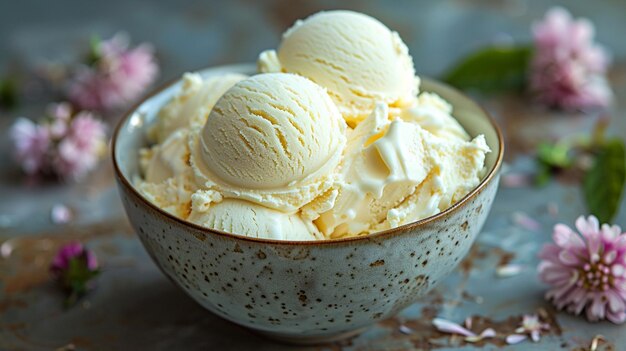 un tazón de cucharas de helado con un borde moteado blanco y marrón