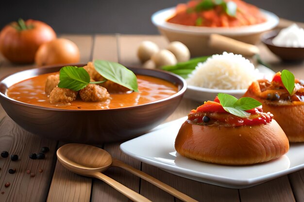 Un tazón de curry y un tazón de arroz con las palabras "pollo al curry" al costado.